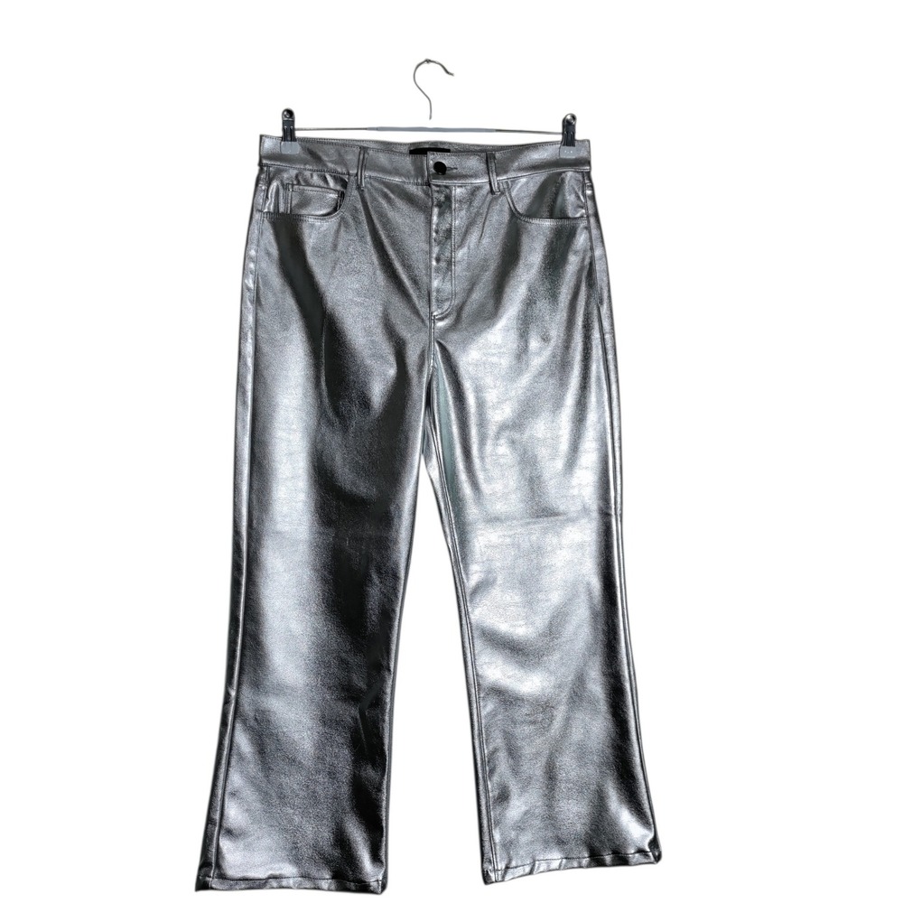 Ann Taylor Metallic Silver Faux Leather Wide Leg Cropped Pants Size 12 High Rise
